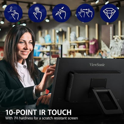 ViewSonic TD2423D 24 Inch 1080p Touch Screen Monitor, 10-Point Multi IR Touch for Retail POS and Kiosk, 7H Scratch-Resistant Glass, Eye Care, 100x100mm VESA Compatible, HDMI, VGA, DisplayPort, USB Hub - style: 24-Inch