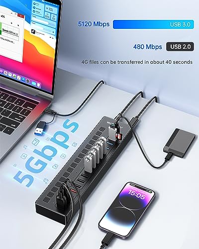 Powered USB 3.0 Hub, ACASIS 16 Port USB Hub Powered(Include 2*USB C 3.0+4 Smart Charging Port) with 60W Power Adapter, Support Wall Mount, USB Hub for PC Laptop, Mac, Printer, Camera