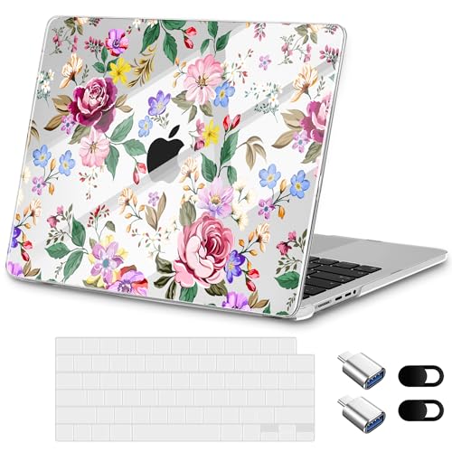 for New MacBook Pro 14 inch Case 2025 M5 2024 M4 2023 Release– Fashionable Lightweight Floral Design Transparent HD Clear Laptop Shell, with TPU Keyboard Cover & OTG Adapters, Flowers - color: Flowers