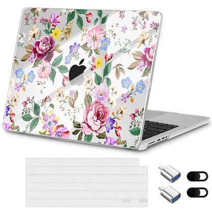 for New MacBook Pro 14 inch Case 2025 M5 2024 M4 2023 Release– Fashionable Lightweight Floral Design Transparent HD Clear Laptop Shell, with TPU Keyboard Cover & OTG Adapters, Flowers - color: Flowers