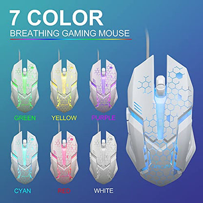 CHONCHOW LED Keyboard and Mouse, 104 Keys Rainbow Backlit Keyboard and 7 Color RGB Mouse, White Gaming Keyboard and Mouse Combo for PC Laptop Xbox PS4 Gamers and Work - color: White