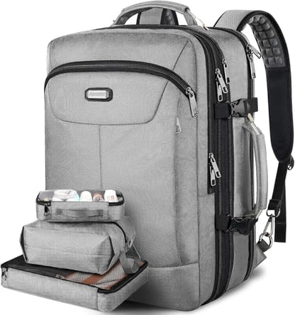 VECKUSON 50L Carry-On Backpack, TSA Approved for Flights, Extra Large Gaming & Travel Laptop Bag with USB Charger, 3 Packing Cubes, RFID Anti-Theft, Heavy Duty Weekender for Men & Women - color: Grey
