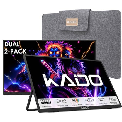 Kado Dual Portable 2-Pack 15.6'' FHD 1080p Monitor Extender for Laptop | USB-C HDMI Office Ultra-Slim IPS Display, 180° Kickstand Built-in Speakers for PC, Mac, Dex, Tablet, Xbox, PS4/PS5, Switch - style: 2-Pack