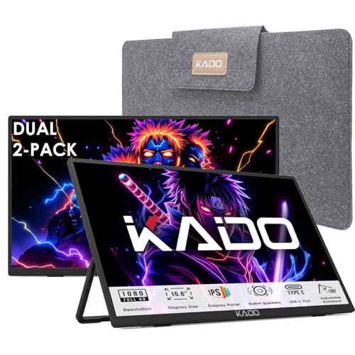 Kado Dual Portable 2-Pack 15.6'' FHD 1080p Monitor Extender for Laptop | USB-C HDMI Office Ultra-Slim IPS Display, 180° Kickstand Built-in Speakers for PC, Mac, Dex, Tablet, Xbox, PS4/PS5, Switch - style: 2-Pack