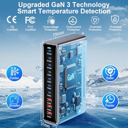 650W USB C Fast Charger Block,Dual PD 3.1 140W USB Charging Station, GaN Ⅲ Multi-Port PD PPS Fast Charging Station for Multiple Devices,Laptop Wall Charger Compatible with MacBook iPad iPhone 17 etc - size: 650W+A 240W Braided Nylon Fast Charging Cable