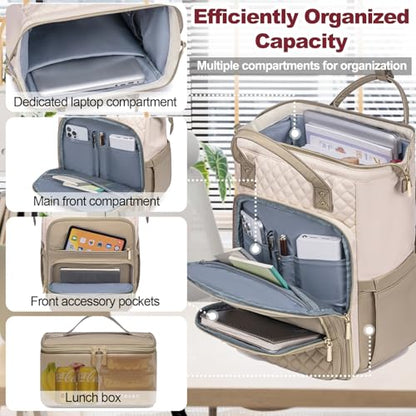 Otevan Lunch Backpack for Women, 15.6 inch Laptop Backpack, Work & Travel Backpack with Insulated Lunchbox Cooler - color: Beige/Kakhi