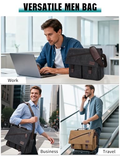 Messenger Bag for Men,Water Resistant Canvas Satchel 14 15.6 17 Inch Laptop Briefcases Business Shoulder Bag by RAVUO - color: 14in-black(without Top Handle)