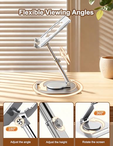 Laptop Stand, Height Adjustable 360° Swivel Anti-Wobble Base | Ergonomic, dual-axis, aluminum arm, carbon steel base, hollow cooling panel, fits 10-17" laptops, foldable, home office - color: silver