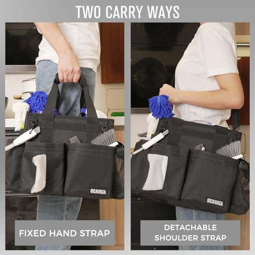 SCAVATA Compact Wearable Cleaning Caddy with Handle & Shoulder Straps | Small Cleaning Supplies Organizer, Under Sink & Car Cleaning Tools Storage Bag for Housekeepers Cleaners, Black - color: Black