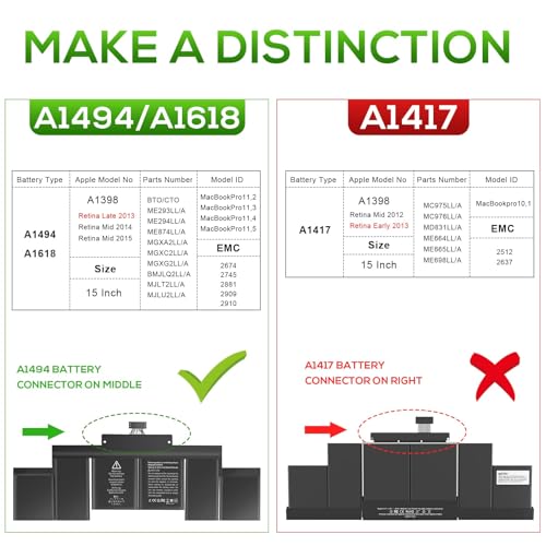 TREE.NB A1618 A1494 Laptop Battery for MacBook Pro 15" Inch Retina A1398 (Mid 2015 Mid 2014 Late 2013 Early 2015), NOT fit for: A1398 (Mid 2012 Early 2013) P/N:020-00079 02000079 - color: ‎A1618