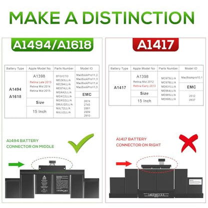 TREE.NB A1618 A1494 Laptop Battery for MacBook Pro 15" Inch Retina A1398 (Mid 2015 Mid 2014 Late 2013 Early 2015), NOT fit for: A1398 (Mid 2012 Early 2013) P/N:020-00079 02000079 - color: ‎A1618