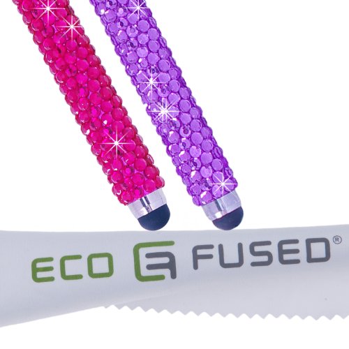 Eco-Fused Universal Bling Stylus Pens - 2 Long Gem Covered Stylus Pens Compatible with All Capacitive Touchscreen Devices/Microfiber Cleaning Cloth - color: Pink + Purple