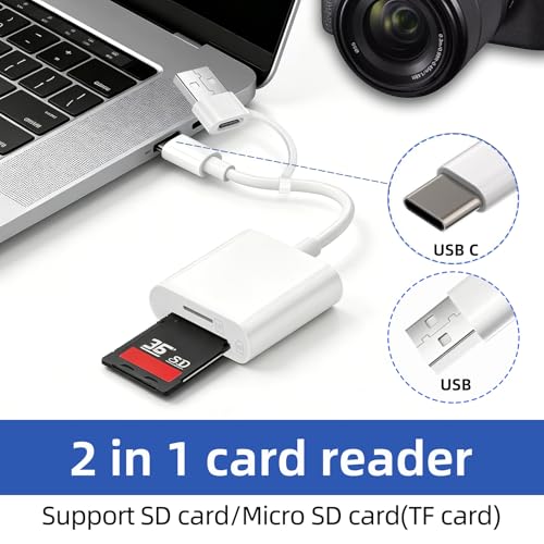 USB C SD Card Reader, USB SD Card Reader, Supports SD and Micro SD Memory Card Adapters for iPhone 15 16 17/iPad/MacBook/Mac, with USB to USB C Adapter