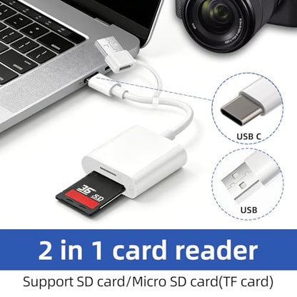 USB C SD Card Reader, USB SD Card Reader, Supports SD and Micro SD Memory Card Adapters for iPhone 15 16 17/iPad/MacBook/Mac, with USB to USB C Adapter