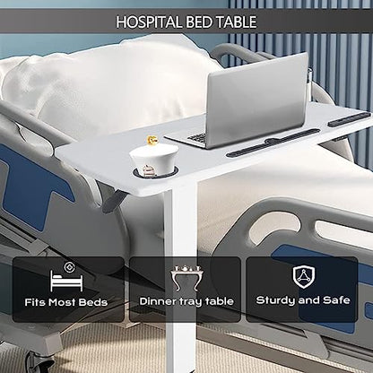 Over Bed Table Pneumatic Adjustable Height Stand Desk with Hidden Wheels USB Ports Pad Slot Mobile Laptop Standing Desk Cart, Podium Table (White, 32X16 inshes) - color: White