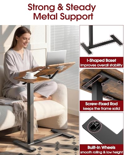 Sakugi Overbed Bedside Table with Wheels, Height Adjustable Laptop Desk, Hospital Bed Table with Right-Side Tilt Top, Rolling Bed Tray for Home & Office,12.9" D × 27.6" W × 29.1"–39" H, Brown - color: Brown