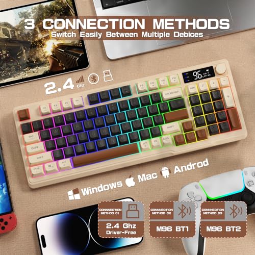 LexonElec M96 Wireless Gaming Keyboard,Knob Control Bluetooth/2.4G Wireless Mechanical Feeling Keyboard,RGB LED Backlit with Display Screen, PBT Keycap, 3000mAh, 94-Key Layout for Win/Mac(Coffee) - color: Coffee
