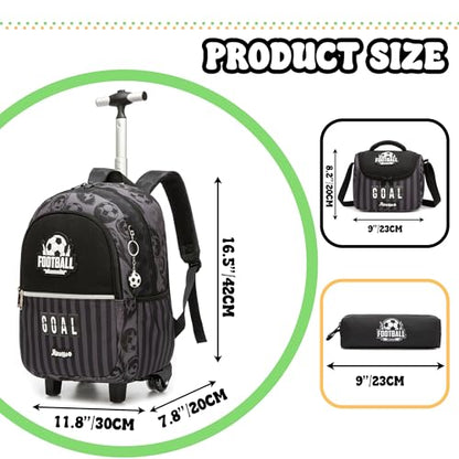 Kids Rolling Backpack for Boys 16.5" School Roller Backpack with Lunch Box, Toddler Backpacks with Wheels Rollig Wheeled Backpacks for Elementary School - color: Black Football