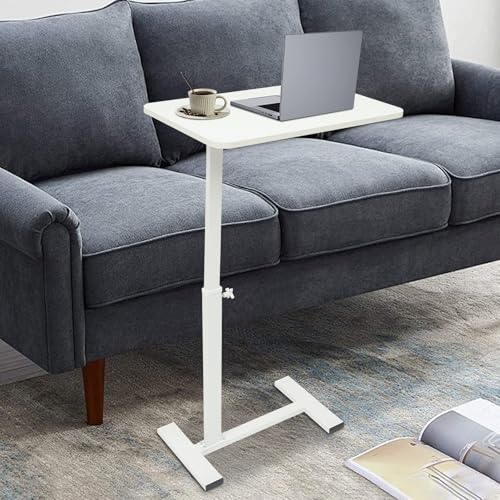 Overbed Table with Hidden Wheels, Bedside Table with Height Adjustable, H-Shaped Base, White Modern Rolling Table Tray & Laptop Cart for Laptop, Reading & Dining