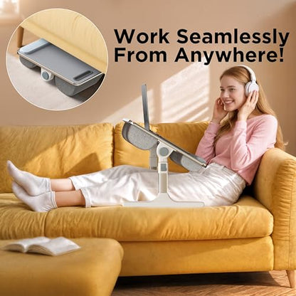 FoldWise 2-in-1 Bed & Lap Desk with Soft Cushion, Adjustable Height & Angle | Wrist Rest, Leather, iPad Holder & Stopper - Foldable Laptop Stand for Bed & Couch, Portable Bed Table Tray for Adults & Kids - color: Gray