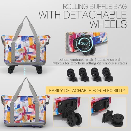 VOOWO Duffel Bag with Wheels - Rolling Foldable Expandable Duffle Bag with Wheels for Travel, Rolling Luggage Carry On Bag with Wheels, Large Rolling Backpack Weekend Bags for Men Women (Gray) - color: Geometry