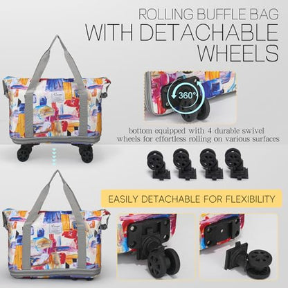VOOWO Duffel Bag with Wheels - Rolling Foldable Expandable Duffle Bag with Wheels for Travel, Rolling Luggage Carry On Bag with Wheels, Large Rolling Backpack Weekend Bags for Men Women (Gray) - color: Geometry
