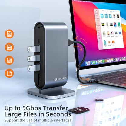 LUKCOZMO USB3.0 Universal Docking Station with 100W Charging, Dual Monitor for Windows and Mac, USB 3.0 or USB-C (HDMI, 1x USB-C, 4X USB3.0,VGA1080P, Ethernet, Audio, TF/SD Card Reader)