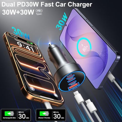 USB C Car Charger,4-Port 98W Super Fast Charging Cigarette Lighter Adapter | Dual PD 30W Car Phone Charger Adapter,Multi Port Cigarette Lighter USB Charger for iPhone 17/16/15 Pro Max,Galaxy,Pixel,iPad - color: Gray