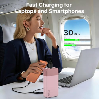 NOBIS 20000mAh Battery Pack Power Bank 65W Power Bank, Portable Charger with Digital Display, Dual USB-C/USB-A Fast Charging for Laptop, Phone, Tablet, Travel-Friendly External Battery Pack - color: Pink