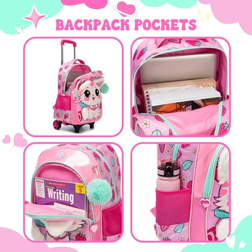 Cute Rolling Backpack for Girls School Backpacks with Wheels for Girls 8-12 Kawaii Rolling Backpack Kids Backpacks with Wheels Travel Luggage for Elementary Student - color: Pink Cat Strawberry
