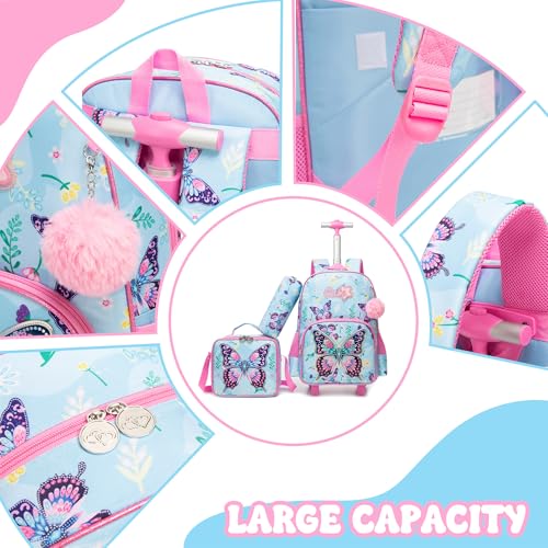 Meetbelify Kids Rolling Backpack with Wheels for Girls Cute Butterfly School Roller Backpack,Carry on Travel Luggage with Lunch Bag and Pencil Case for Girls Ages 5-12 - color: 01 Pink Butterfly