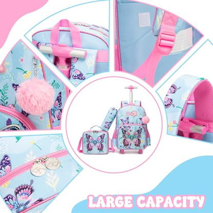 Meetbelify Kids Rolling Backpack with Wheels for Girls Cute Butterfly School Roller Backpack,Carry on Travel Luggage with Lunch Bag and Pencil Case for Girls Ages 5-12 - color: 01 Pink Butterfly