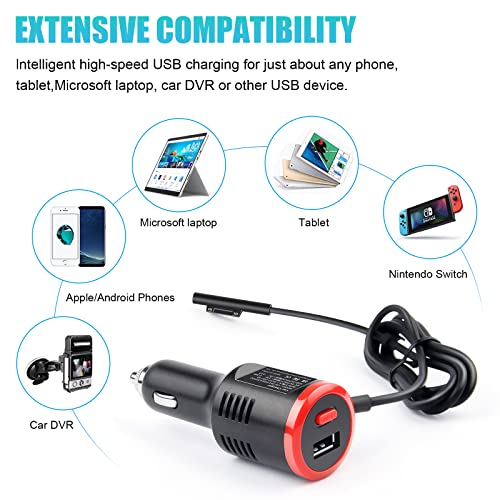 TREE.NB 41W 12V 2.58A Surface Car Charger, Power Supply for Microsoft Surface Pro 3/Pro 4/Pro 5/Pro 6, Surface Book, Surface Go, Surface Laptop with USB Charging Port(5V 2.1A) - size: 41W