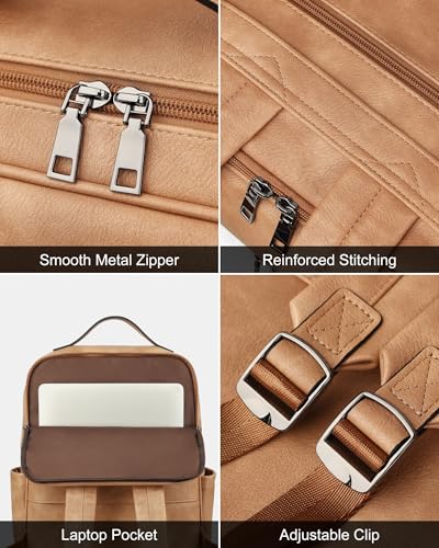 MASINTOR 15.6 inch PU Leather Laptop Backpack Purse for Women | College Laptop Backpack, Spacious Main Compartment, Luggage Strap & Padded Sleeve, Ideal for Campus, Commute & Travel - color: Retro Camel