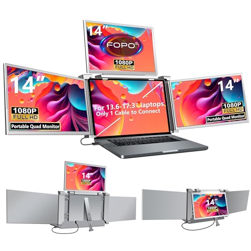 14" Laptop Screen Extender Monitor Portable, Quad Monitor, Just 1 Cable for 3 Screens, FHD 1080P IPS Laptop Extender Compatible with Wins/Mac(M1 M2 M3) for 13.6" - 17.3" Laptops