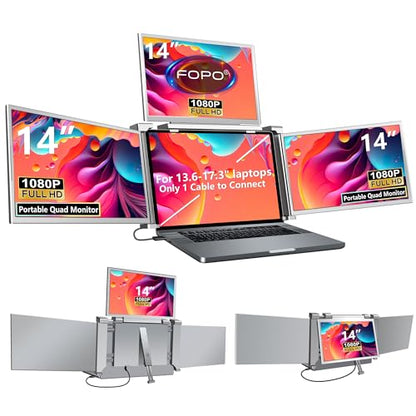 14" Laptop Screen Extender Monitor Portable, Quad Monitor, Just 1 Cable for 3 Screens, FHD 1080P IPS Laptop Extender Compatible with Wins/Mac(M1 M2 M3) for 13.6" - 17.3" Laptops