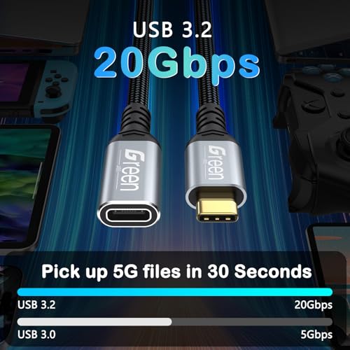 Green Jiss® USB C Extension Cable 5ft, 20Gbps/4K@60Hz Video, Heavy Duty USB3.2 Gen2 Extender Male to Female Full Function Ultra-High Speed Transfer USB Type C Extender 240W Fast Charging Cable - size: 5 FT