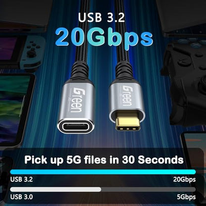 Green Jiss® USB C Extension Cable 5ft, 20Gbps/4K@60Hz Video, Heavy Duty USB3.2 Gen2 Extender Male to Female Full Function Ultra-High Speed Transfer USB Type C Extender 240W Fast Charging Cable - size: 5 FT