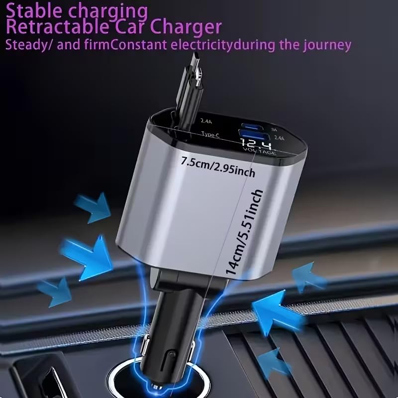 1Pc 120W 4-in-1 Telescopic Car Charger with 180° Rotating Base, 2.6 Feet (79.25Cm) Multi-Protocol Transmission Cable (PD, QC3.0), USB Type-C, Fast Charging Adapter Compatible with iPhone and Andorid