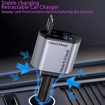 1Pc 120W 4-in-1 Telescopic Car Charger with 180° Rotating Base, 2.6 Feet (79.25Cm) Multi-Protocol Transmission Cable (PD, QC3.0), USB Type-C, Fast Charging Adapter Compatible with iPhone and Andorid