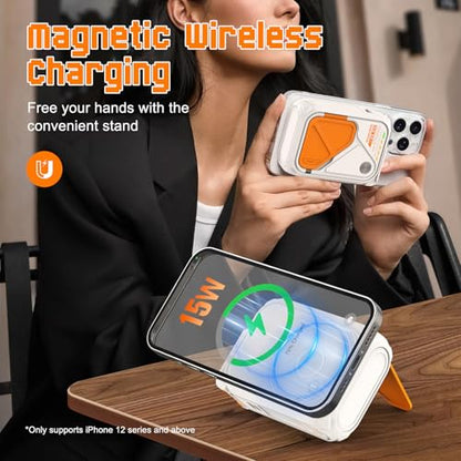 SEANCHEER P05 Portable Charger, Magnetic Power Bank, Small Wireless PowerBank, Battery Pack10000mAh Travel Essentials Fast Charging with Built in Cable, Foldable Wall Plug for iPhone,Samsung,Andriod - color: Cream Yellow