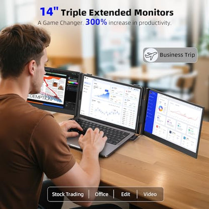 Triple Screen Laptop Extender - 14" Portable Monitor, Ultra-Thin FHD 1080P Travel Display | Plug & Play via USB-C/HDMI for Mac & Windows Laptops (13-17 inch), Lightweight 2.2lb Aluminum Design
