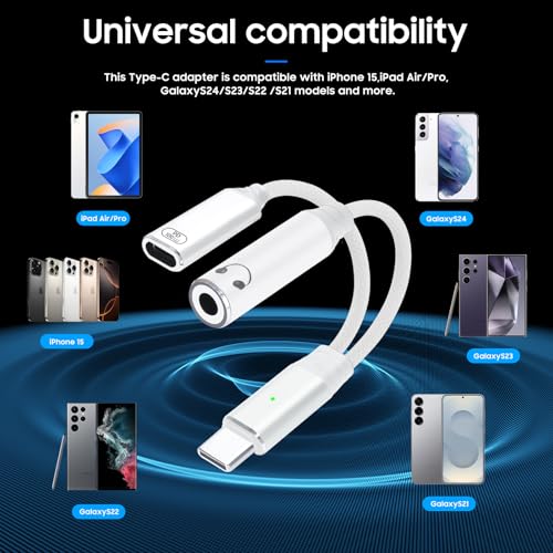 One-to-Two USB-C to 3.5mm Headphone/USB-C Charger Adapter with PD100W Fast Charging Cable, Compatible with iPhone 16/15 Pro Max, iPad, MacBook, Samsung Galaxy S25, S24, S23, Pixel Ultra, etc. (White) - color: white