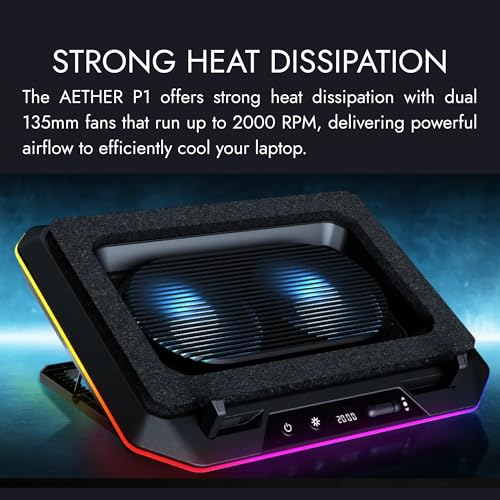 GAMDIAS Black Laptop Cooling Pad for Gaming Laptops up to 19”, Dual 135mm Fans, RGB Lighting, 7 Adjustable Heights, USB-A & USB-C Ports, Phone Stand, Aether P1