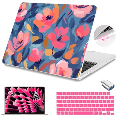 Teryeefi for M5 MacBook Air 15 inch Case M4/M3/M22026 2025 2024 2023 Release A3448 A3241 A3114 A2941, Hard Shell Cover & Keyboard Cover & Screen Protector & OTG Adapter - W-Abstract Pink Flower - color: W-Abstract Pink flower