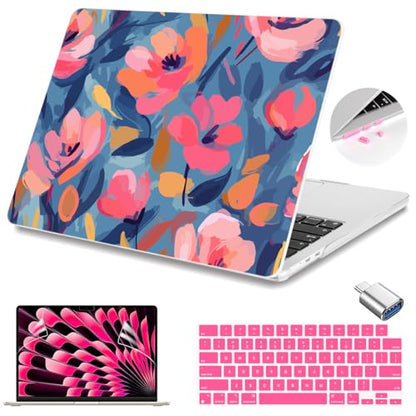 Teryeefi for M5 MacBook Air 15 inch Case M4/M3/M22026 2025 2024 2023 Release A3448 A3241 A3114 A2941, Hard Shell Cover & Keyboard Cover & Screen Protector & OTG Adapter - W-Abstract Pink Flower - color: W-Abstract Pink flower