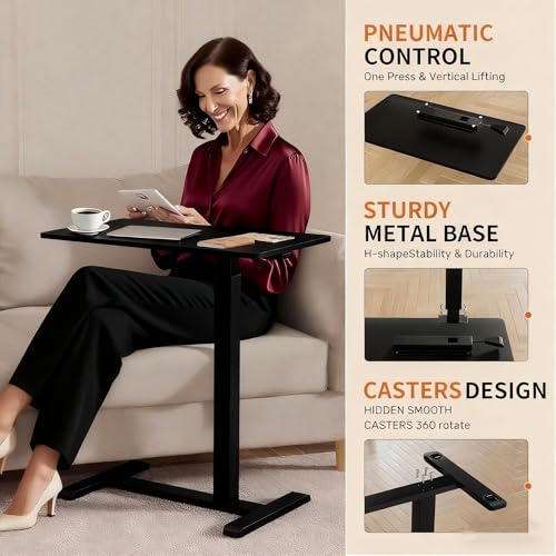 Mobile Small Standing Desk with Hidden Wheels, Pneumatic Laptop Desk, Rolling Computer Cart Movable, Portable Rolling Computer Sit Stand Side Table for Couch, Home, Office, Black - color: Black