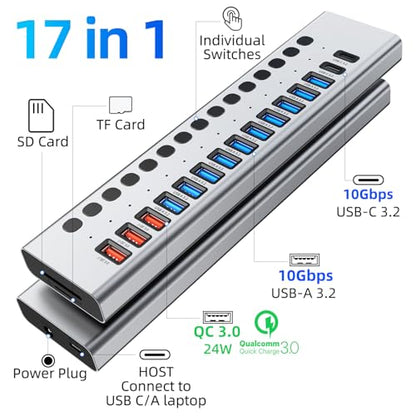 Powered USB Hub 10Gbps, 17 Ports USB 3.2 Hub, 96W Power Adapter | 10 USB-A 3.2, 3 QC 24W Fast Charging, 2 USB-C 3.2, SD/TF, 12V/8A Power Adapter for Laptop, PC, Computer, HDD, Flash Drive - color: Silver
