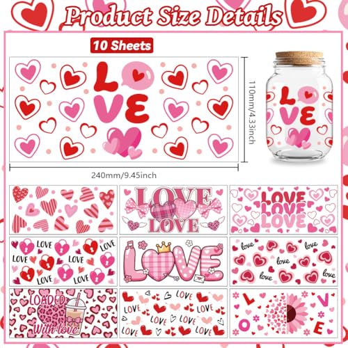 Valentine's Love UV DTF Cup Wraps, 10 Sheets Transfer Sticker | Waterproof UV DTF Stickers, Custom Vinyl Decals for 16oz Coffee Cups Tumblers Bottles Mugs, DIY Gifts & Crafts - style: Valentine's Love