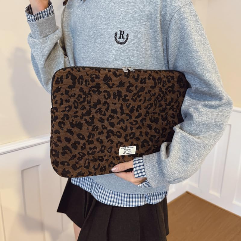 Cute Bow Puffy Laptop Sleeve 13-15 Inch Cute Quilted Laptop Protective Case Padded Bow Computer Sleeve for MacBook (Leopard Coffee, 15inch) - color: Leopard Coffee, size: 15inch